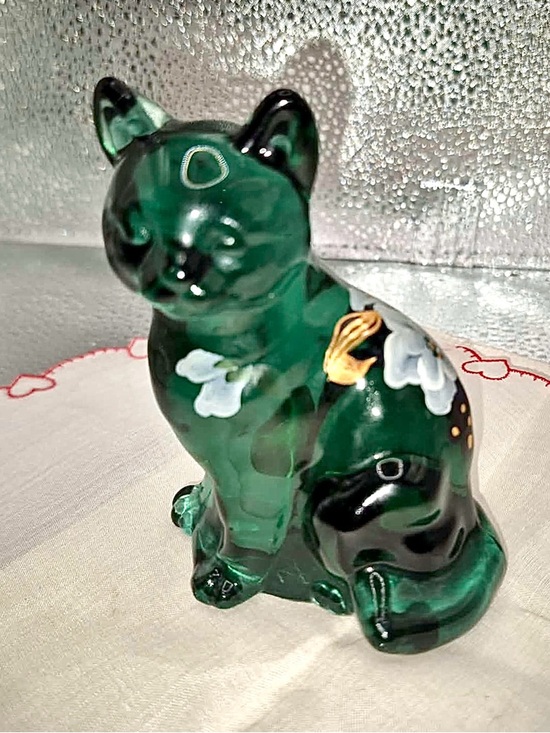 Fenton Other - Fenton Glass Cat Emerald ‘Spruce’ Green Hand-painted Magnolia w Gold Gilding